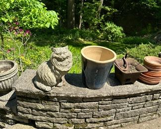 Cement cat sculpture, pots and planters