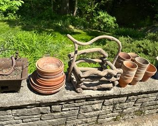 Pots and rustic wood backet
