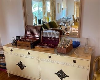 Silverware Serving Set, Mirror and Midcentury Dresser /Buffet