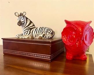 Vintage MCM Italian Art Pottery Hand Painted Ceramic Zebra and Hand Made Red Ceramic Owl