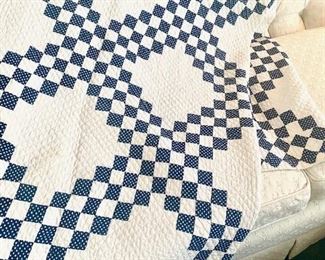 Antique Blue and White Double Irish Chain Quilt, Handstitched, Early 1900s