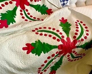 Antique Rare Red & Green Stylized Flower Quilt, Handstitched, Early 1900s