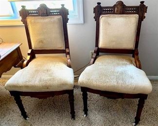 Pair of Victorian Walnut Hand Carved Victorian Eastlake Side Chairs