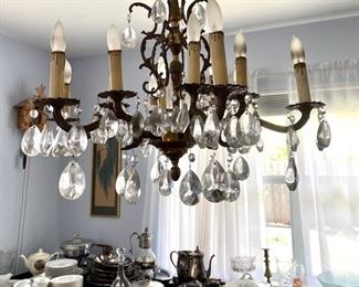 Vintage Brass Tone Chandelier & Crystal Drops 