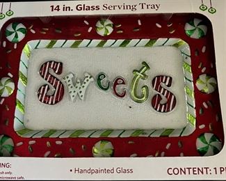 14” hand painted glass serving tray