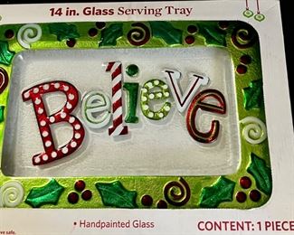 14” hand painted glass serving tray