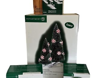 Downhill Daredevils, Leonardo & Vincent, Birch Fences(set of 4), Lighted Peppermint Trees. Department 56 