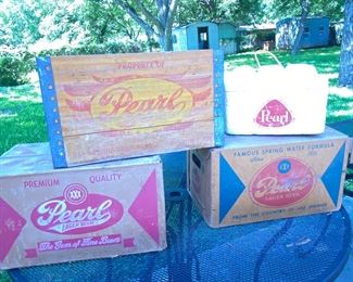 Wooden Pearl Beer crate, styrofoam cooler, and two Pearl cardboard  boxes