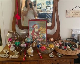 Oak dresser and vintage Christmas ornaments