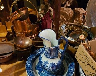 Blue and white pitcher and bowl, Copper items, religious statue