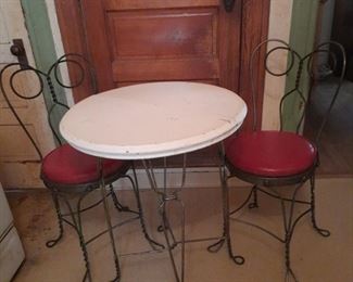 Original ice cream parlor table and two chairs.