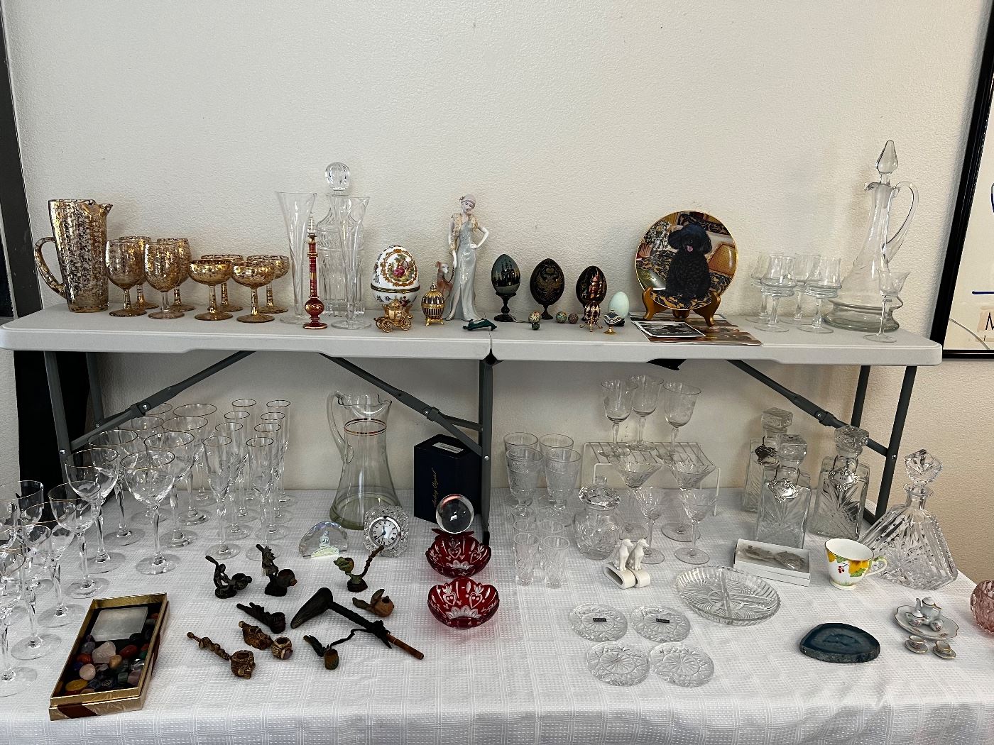 Faberge Eggs. Russian wooden hand painted eggs. Beautiful decanters and glassware.