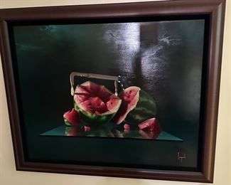 Dario Campanile “Construction of A Watermelon”. An original oil painting hand-signed by artist with certification and appraisal. 35”x 29”