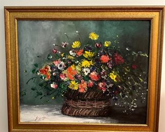 James Scoppettone signed original “Basket Bouquet”. An original oil painting on canvas hand-signed by the artist with certification and appraisal. 36”x 30”
