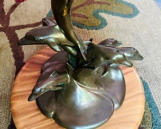 Hubbell "Lucky Seven" dolphin bronze green patina statue on wood base 13” tall