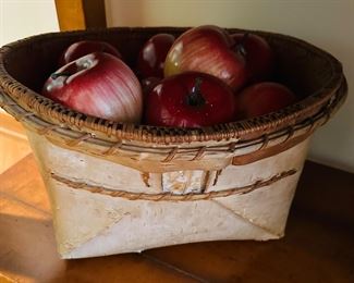 Handcrafted birch bark basket 13.5” wide x 8” tall with apples