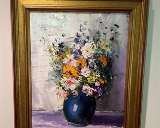 James Scoppettone “Bouquet in Blue Vase”. An original oil painting on canvas hand-signed by the artist with certification and appraisal. 29” x 33 1/4” with frame.