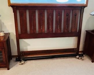 Drexel Heritage headboard 70”wide;
Nightstands 23”wide x 20”deep x 27 3/4”tall;
Stained glass lamps 25”tall