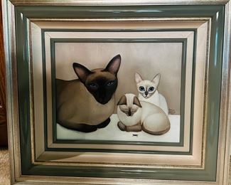 Margaret Keane original oil painting of cats 33” wide x 29” double framed