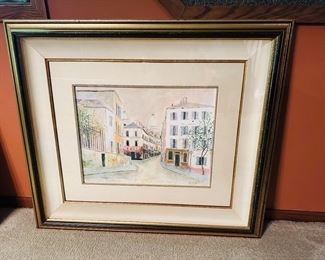 James Scoppettone "Rue Nolviars, Montmarte, Paris" An original gouche painting on paper signed by the artist. Image size 18" x 24"; framed size 42 1/4” x 38”. Custom framed in gold ornate molding with fabric liner. 