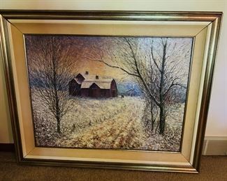 James Scoppettone "Vermont Snow" An original oil painting on canvas signed by the artist. Image size 30" x 40"; framed size 50” x 40”. Custom framed in gold molding with fabric scoop. 