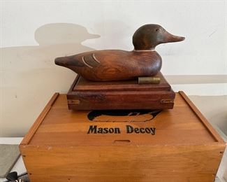 Mason Mallard duck decoy mounted in decorative box along with wooden storage box