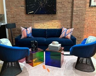 Everything Here for sale. Capppellini Luce tables discontinued and on display in Moma. Knoll Planter lounge chairs. RH velvet sofa. Custom Hermes silk pillows