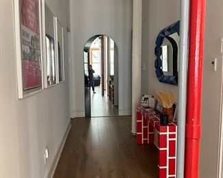 Hallway, Large archway Mirror, Vintage James Bond Posters, Blue geometric Mirror, Red Brick Table - collectible Richard woods 1 of 1 