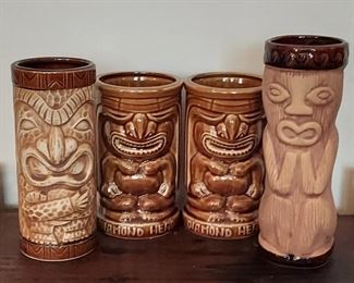Vintage Orchids of Hawaii Pottery Tiki tumblers (center), Otagirl Tiki tumbler (R)