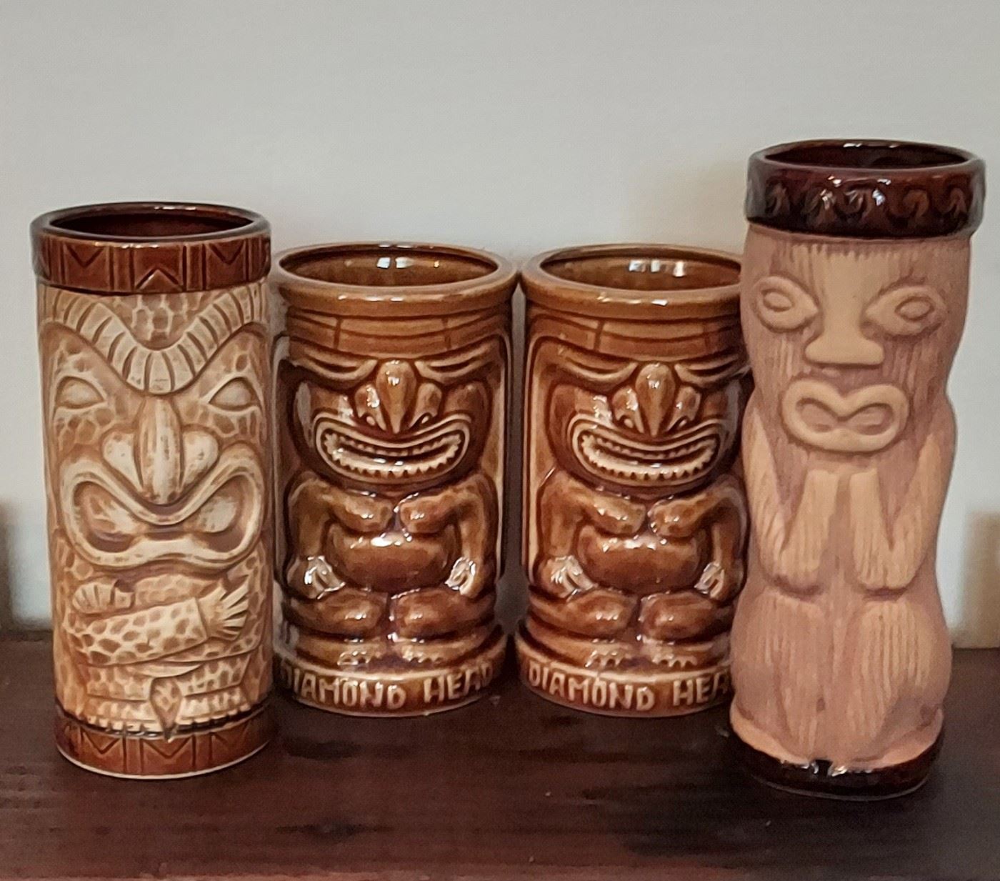Vintage Orchids of Hawaii Pottery Tiki tumblers (center), Otagirl Tiki tumbler (R)