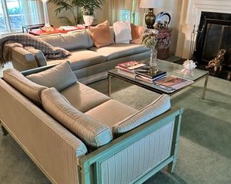 MCM Sofa and Loveseat Down Filled,  MCM Coffee Table Square Glass and Metal Base