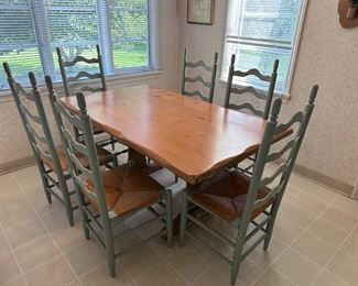 Pine Trestle Table and 6 Rush Seat Ladderback Dining Chairs