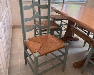 Pine Trestle Table and 6 Rush Seat Ladderback Dining Chairs