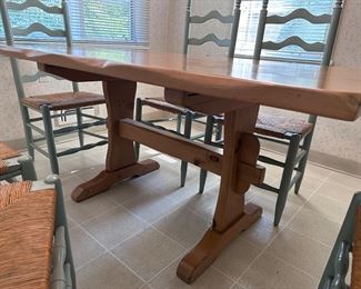 Pine Trestle Table and 6 Rush Seat Ladderback Dining Chairs