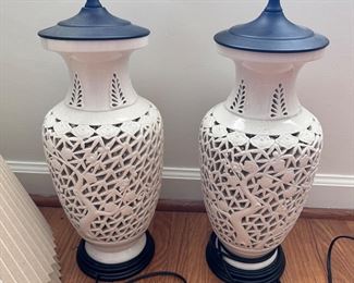 Pair of Reticulate White Ceramic Table Lamps