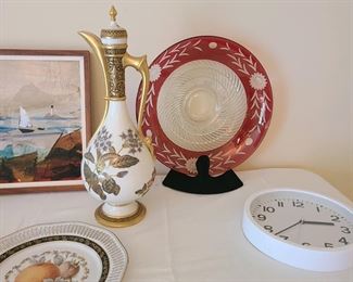 Cranberry cut to clear glass platter, chocolate pot, vintage China 