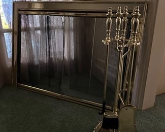Polished Brass Fireplace Screen and Fireplace tool set.  