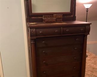 Empire dresser and mirror. Some issues with finish on top, crack on side of case