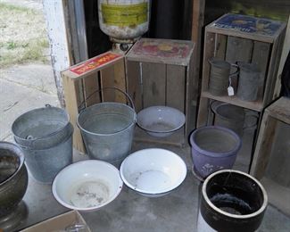 wood crates & galv, buckets