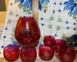 Ruby Etched Glass Pitcher and 6 Glasses $24.00