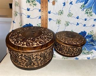 2 Wood Carved Round Boxes The Largest stands 5 inches tall and has a diameter of 8 inches $20.00 for both 
