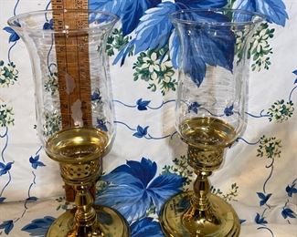 2 Brass Candle Holders with Etched Glass Hurricanes $12.00