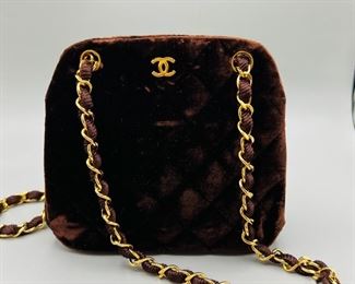 CHANEL Brown Velvet Kiss Lock Handbag