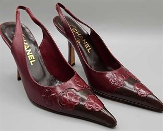 CHANEL Camellia Brown Merlot Slingback Kitten Heels