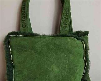CHANEL Green Suede Shearling Handbag