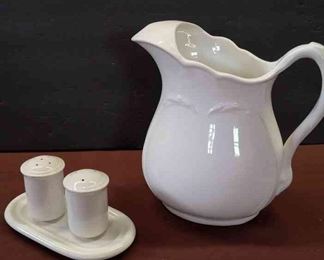 White Ceramic Pitcher And Salt Pepper Shakers