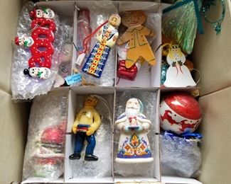 Bins of xmas ornaments new and retro