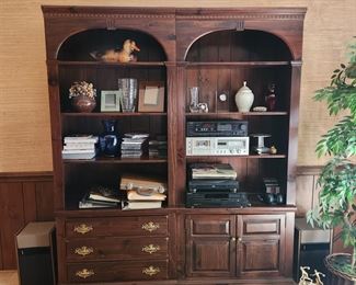 Each bookshelf is
34"W 14"D 79 3/4"T 
These are sturdy and well crafted!