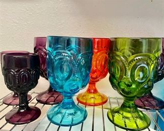 5 Multicolored Mid Century Owl Eye Goblets, 2 Small Goblets