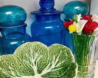 Blue Glass Apothecary Jar with Daisy Lid, 2 Blue Belgium Bubble Lid Apothecary Jar, Set of 4 Bordallo Pinheiro Cabbage Bowls, Blown Glass Floral Design Stir Sticks